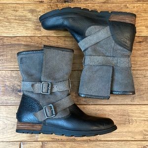 Sorel Major Moto Boots Foldover Biker Style Boots in Dark Gray / Black Leather 8